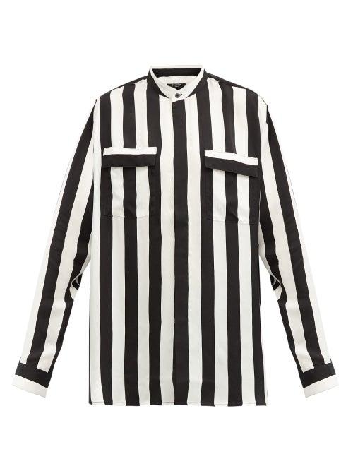 Matchesfashion.com Balmain - Grandad-collar Striped Cupro Shirt - Mens - Black