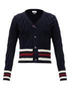 Matchesfashion.com Thom Browne - Tricolour-stripe Cabled Wool-blend Cardigan - Mens - Navy