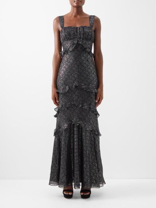 Saloni - Chandra Ruffled Lam Silk-blend Gown - Womens - Silver