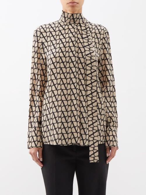 Valentino - V-logo Print Silk Crepe De Chine Shirt - Womens - Brown Multi