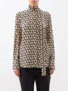 Valentino - V-logo Print Silk Crepe De Chine Shirt - Womens - Brown Multi