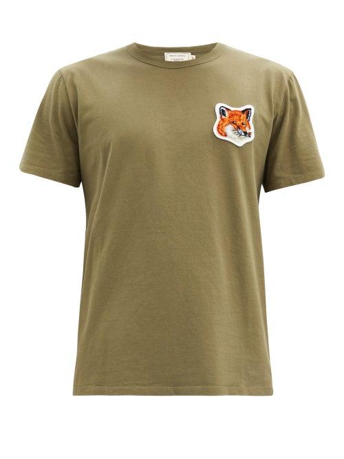 Matchesfashion.com Maison Kitsun - Velvet Fox-head Cotton-jersey T-shirt - Mens - Khaki
