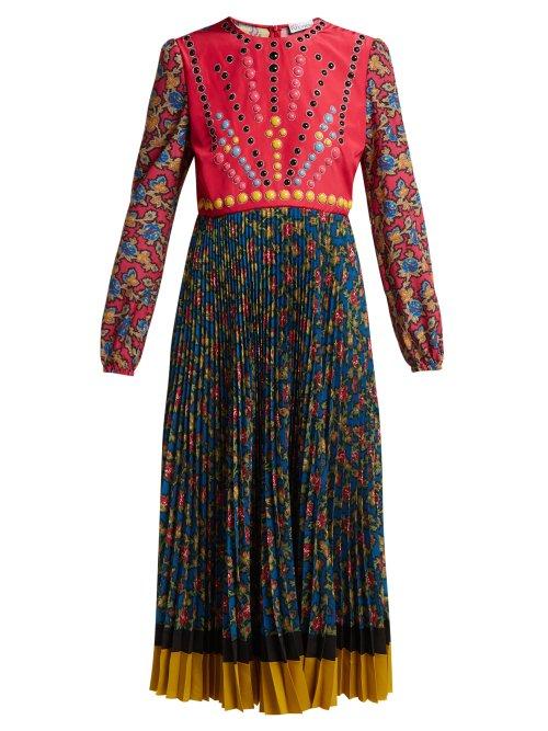 Matchesfashion.com Redvalentino - Rose Rampage Print Crepe De Chine Midi Dress - Womens - Pink Multi