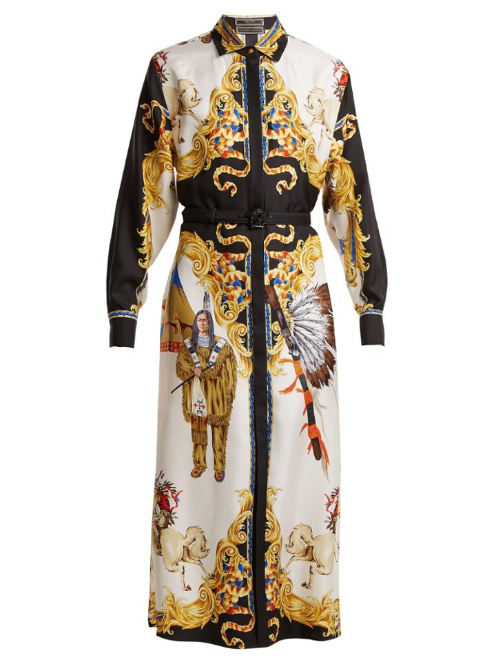 Versace Native American-print Long Sleeve Silk Dress
