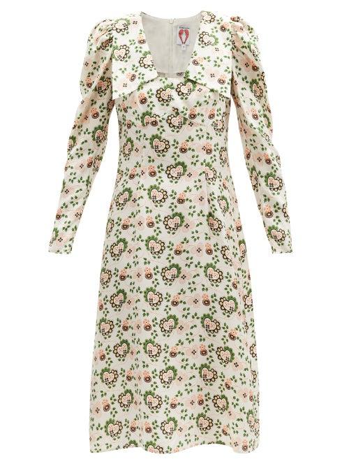 Matchesfashion.com Shrimps - Elton Paisley-heart Print Silk-twill Dress - Womens - White Print