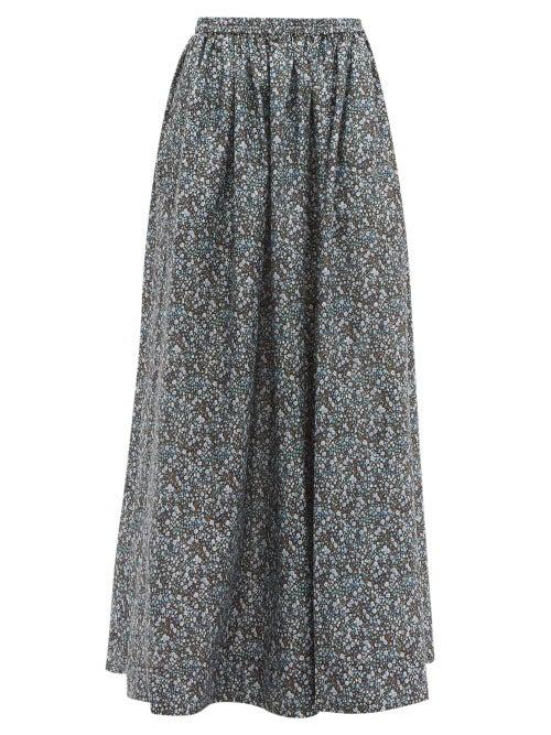 Matchesfashion.com Matteau - The Gathered Floral Print Cotton Maxi Skirt - Womens - Blue Print