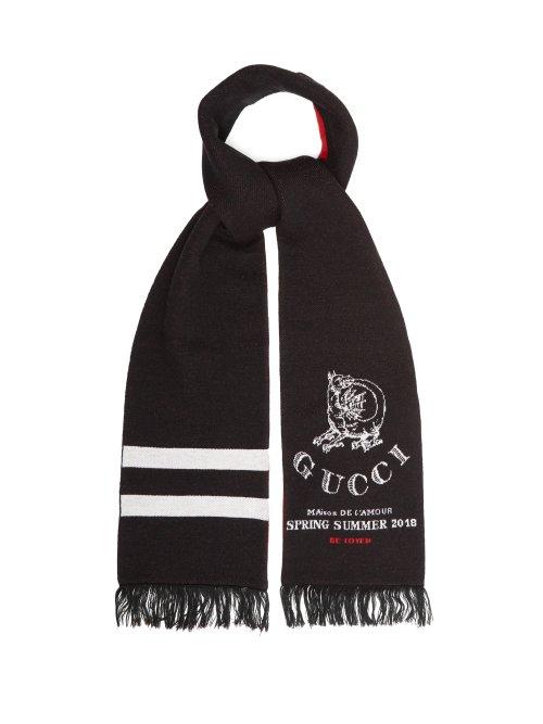 Matchesfashion.com Gucci - Dragon And Logo Jacquard Wool Scarf - Mens - Black Red