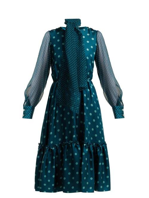 Matchesfashion.com Luisa Beccaria - Polka Dot Silk Midi Dress - Womens - Blue Multi