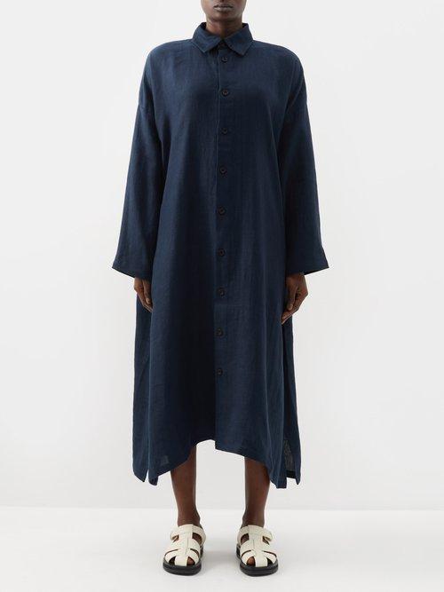 Eskandar - Oversized Linen Shirt Midi Dress - Womens - Dark Navy