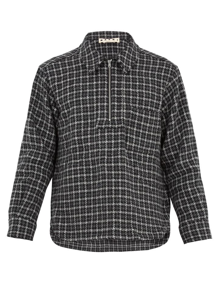 Marni Point-collar Half-zip Checked Wool Top