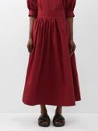 Co - Shirred Cotton Midi Skirt - Womens - Bordeaux