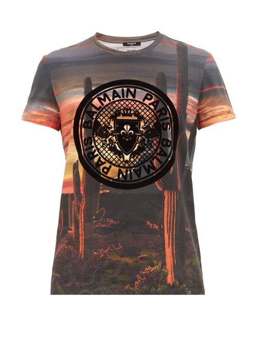 Matchesfashion.com Balmain - Flocked-logo Desert-print Cotton T-shirt - Mens - Multi