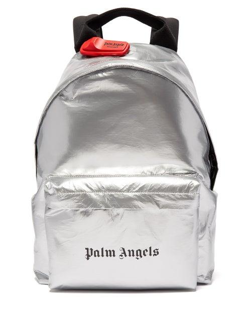 Matchesfashion.com Palm Angels - Logo Print Metallic Coated Cotton Backpack - Mens - Silver