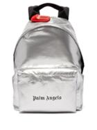 Matchesfashion.com Palm Angels - Logo Print Metallic Coated Cotton Backpack - Mens - Silver