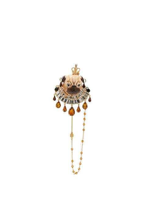 Matchesfashion.com Dolce & Gabbana - Crystal Embellished Pug Brooch - Womens - Brown