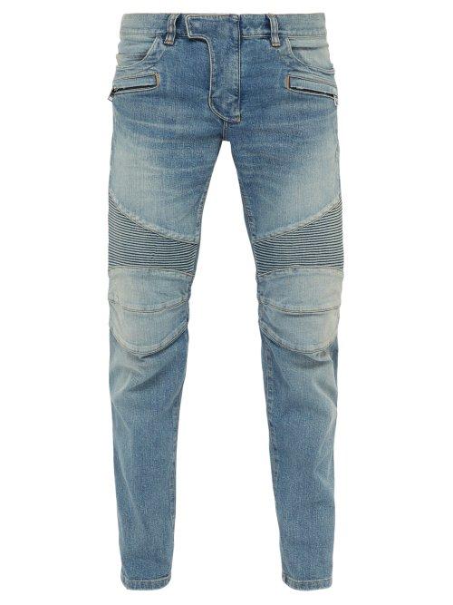 Matchesfashion.com Balmain - Tapered Ribbed Inset Biker Jeans - Mens - Light Blue