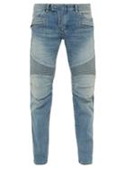 Matchesfashion.com Balmain - Tapered Ribbed Inset Biker Jeans - Mens - Light Blue