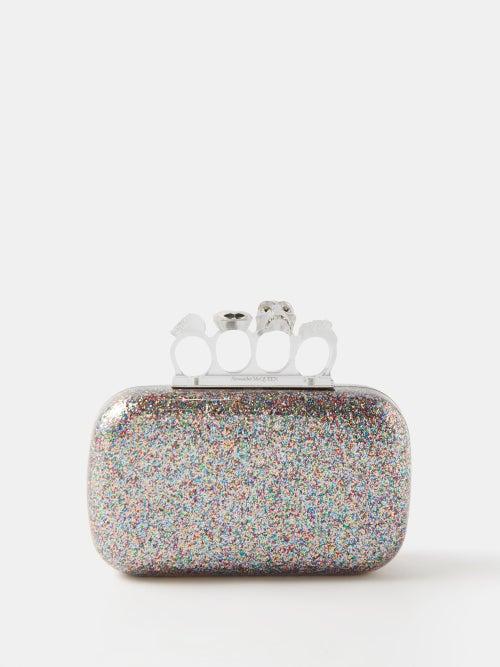 Alexander Mcqueen - Skull Four Ring Glitter-plexiglass Clutch Bag - Womens - Silver Multi