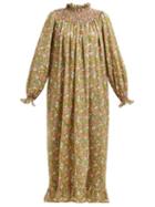 Matchesfashion.com Loretta Caponi - Smocked Floral Print Poplin Maxi Dress - Womens - Brown Multi