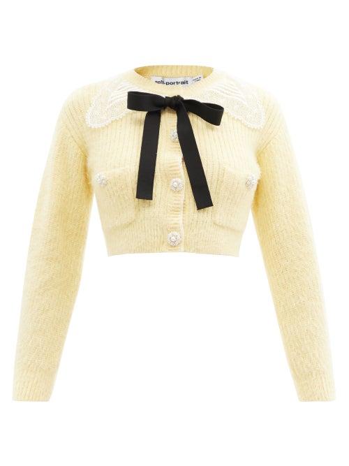 Ladies Rtw Self-portrait - Bow And Faux-pearl Embellished Cardigan - Womens - Yellow