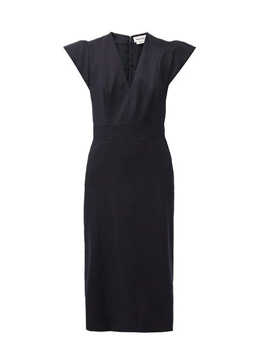 Matchesfashion.com Alexander Mcqueen - Structured-sleeve V-neck Grain-de-poudre Dress - Womens - Navy