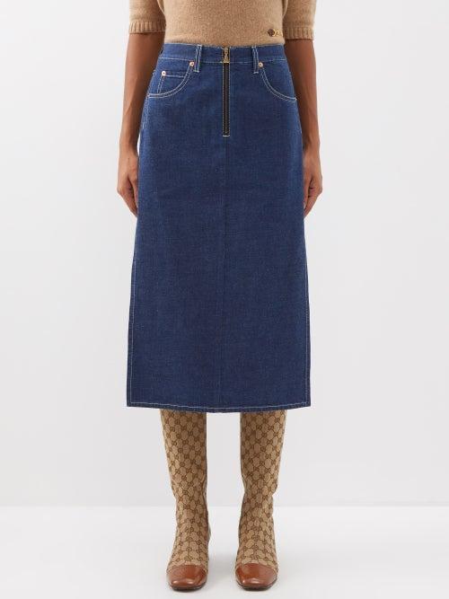Gucci - Side-slit Denim Midi Skirt - Womens - Mid Denim