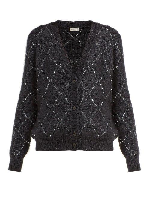 Matchesfashion.com Saint Laurent - Sequinned Argyle Mohair Blend Cardigan - Womens - Black Silver