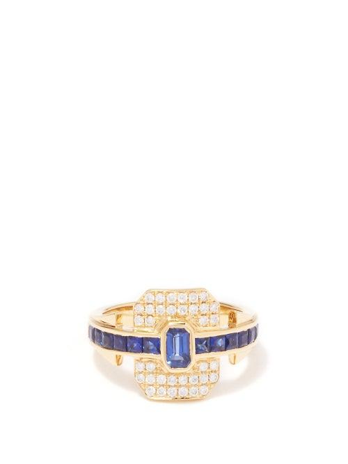 Rainbow K - Shield Diamond, Sapphire & 18kt Gold Ring - Womens - Gold Multi