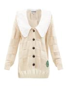 Ladies Rtw Ganni - Chelsea-collar Cotton-blend Basket-knit Cardigan - Womens - Light Brown