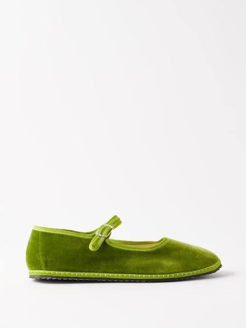 Vibi Venezia - Whipstitched Velvet Mary Jane Flats - Womens - Green