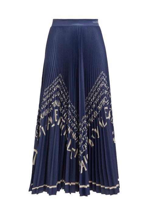 Matchesfashion.com Valentino - Chevron Logo Print Pleated Satin Skirt - Womens - Blue White