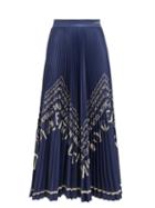 Matchesfashion.com Valentino - Chevron Logo Print Pleated Satin Skirt - Womens - Blue White