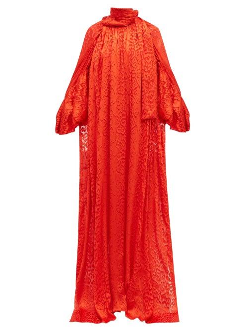 Matchesfashion.com Balenciaga - Leopard Devor Front Slit Long Satin Blouse - Womens - Red