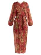 Matchesfashion.com Zimmermann - Melody Wrap Floral Print Silk Dress - Womens - Burgundy