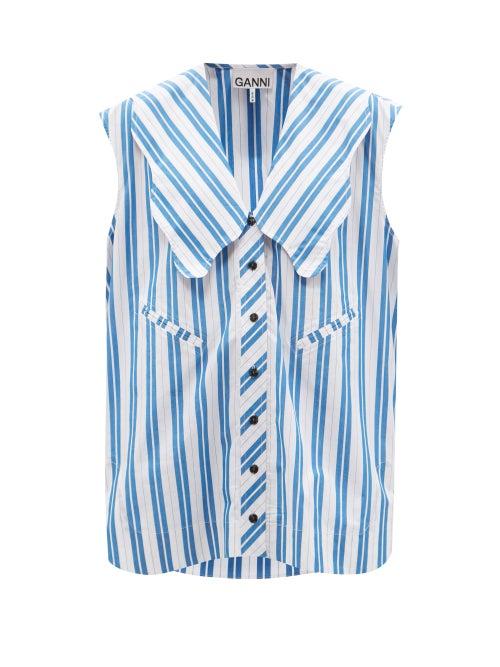 Ladies Rtw Ganni - Chelsea-collar Striped Organic-cotton Shirt - Womens - Blue White