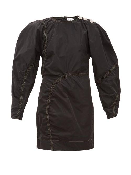 Matchesfashion.com Ganni - Balloon-sleeve Crystal-button Taffeta Mini Dress - Womens - Black