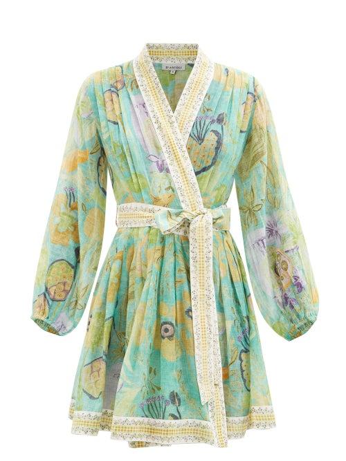 D'ascoli - Escape Floral Pleated Cotton-khadi Wrap Dress - Womens - Blue Multi