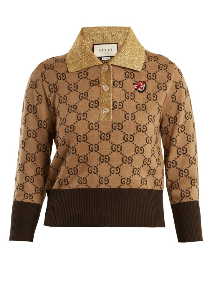 Gucci Contrast-collar Gg-jacquard Wool Sweater