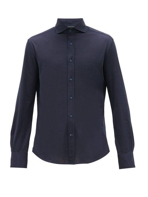 Matchesfashion.com Brunello Cucinelli - Slim-fit Silk-blend Jersey Shirt - Mens - Navy