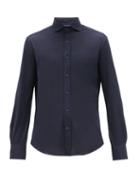 Matchesfashion.com Brunello Cucinelli - Slim-fit Silk-blend Jersey Shirt - Mens - Navy