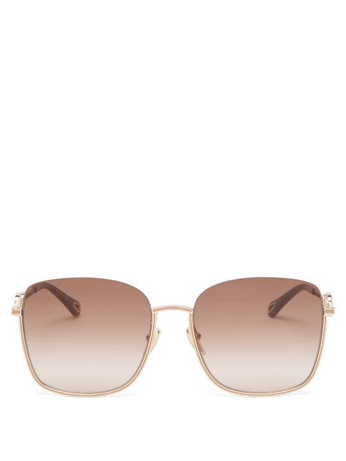 Chlo - Sofya Square Metal Sunglasses - Womens - Gold Brown