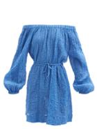 Three Graces London - Dulcie Off-the-shoulder Crinkled-cotton Mini Dress - Womens - Mid Blue
