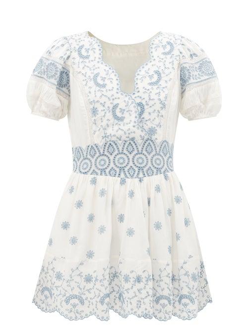 Loveshackfancy - Valente Broderie-anglaise Linen-blend Dress - Womens - White Blue