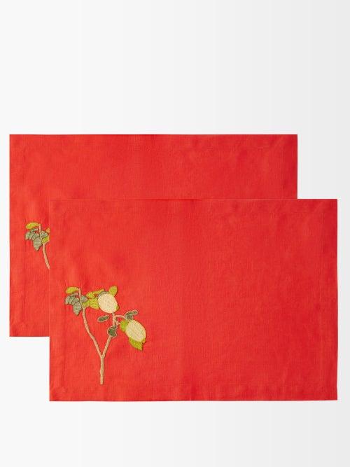 Bernadette - Set Of Two Lemon Branch-embroidered Placemats - Womens - Red Multi