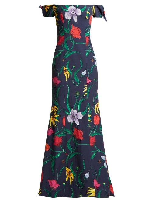 Matchesfashion.com Carolina Herrera - Off The Shoulder Floral Print Faille Gown - Womens - Navy Print