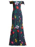Matchesfashion.com Carolina Herrera - Off The Shoulder Floral Print Faille Gown - Womens - Navy Print