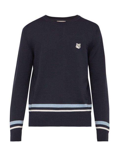 Matchesfashion.com Maison Kitsun - Jacquard Stripe Embroidered Logo Wool Sweater - Mens - Navy