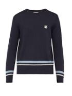 Matchesfashion.com Maison Kitsun - Jacquard Stripe Embroidered Logo Wool Sweater - Mens - Navy