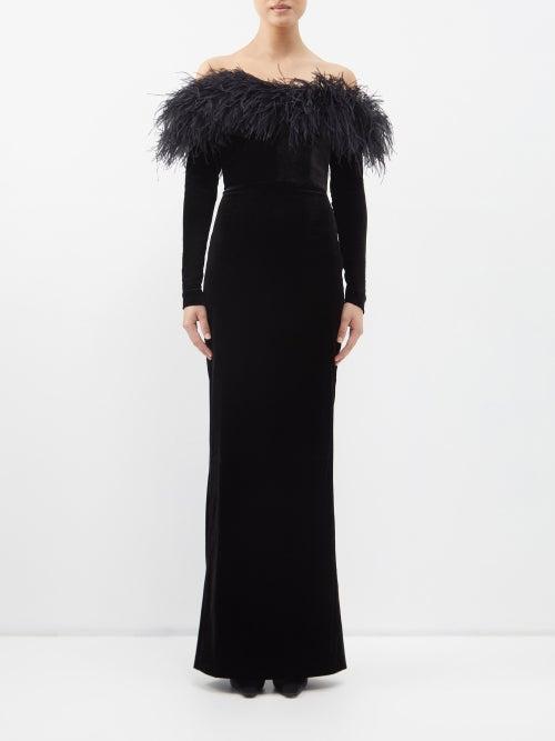 Alessandra Rich - Off-the-shoulder Feather-trim Velvet Gown - Womens - Black