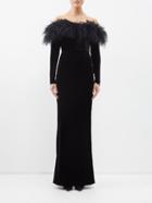 Alessandra Rich - Off-the-shoulder Feather-trim Velvet Gown - Womens - Black